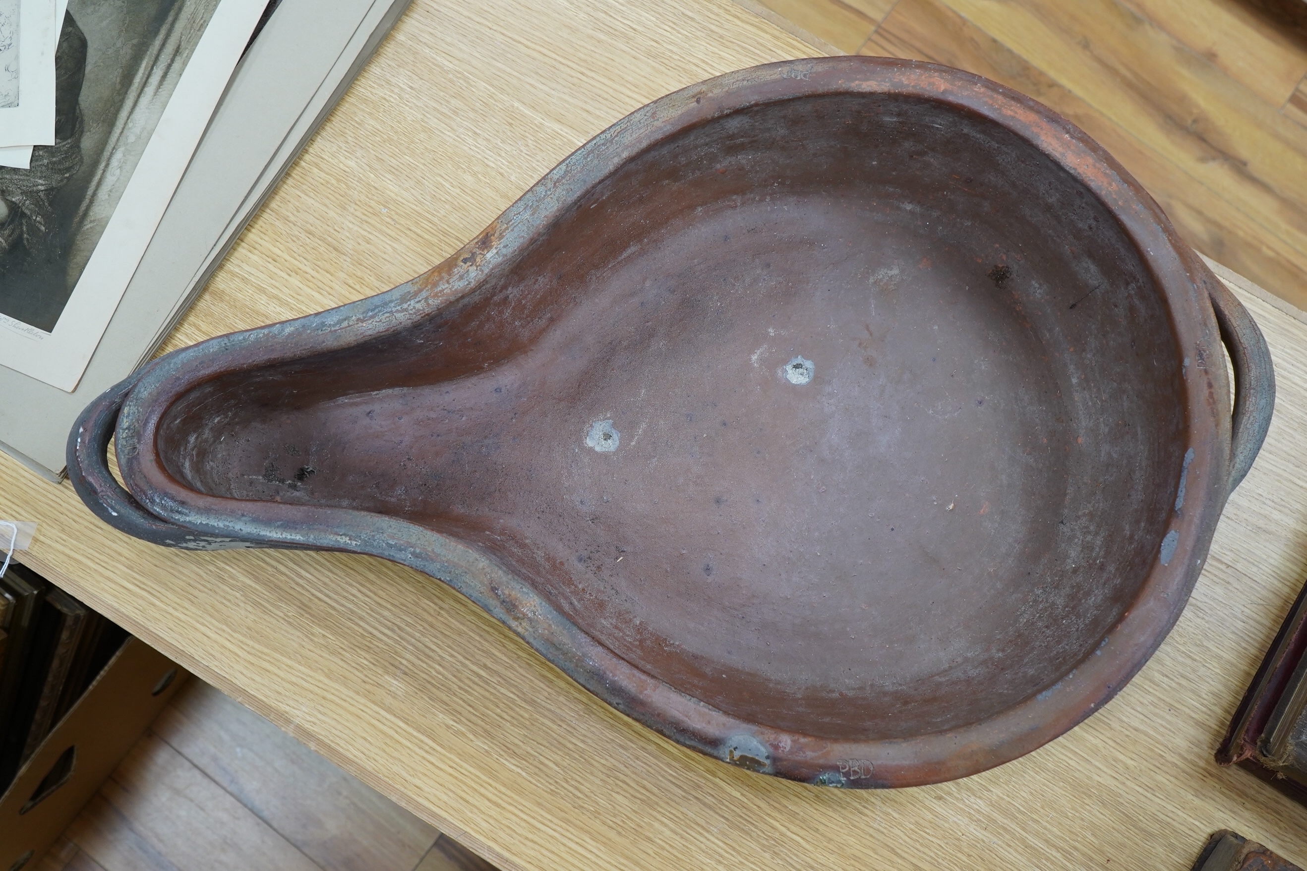 A 19th century French, ‘Saloir à Jambon’, shaped stoneware ham cooking vessel, 70cm long including handles. Stamp marks PBD to top edge and sides. Condition - good